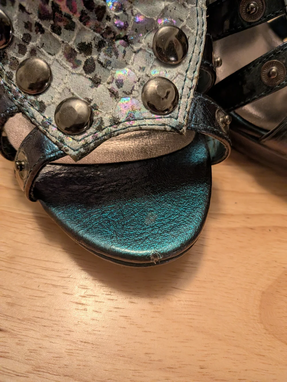 ICORA Snake-Print Studded Strappy High Heels